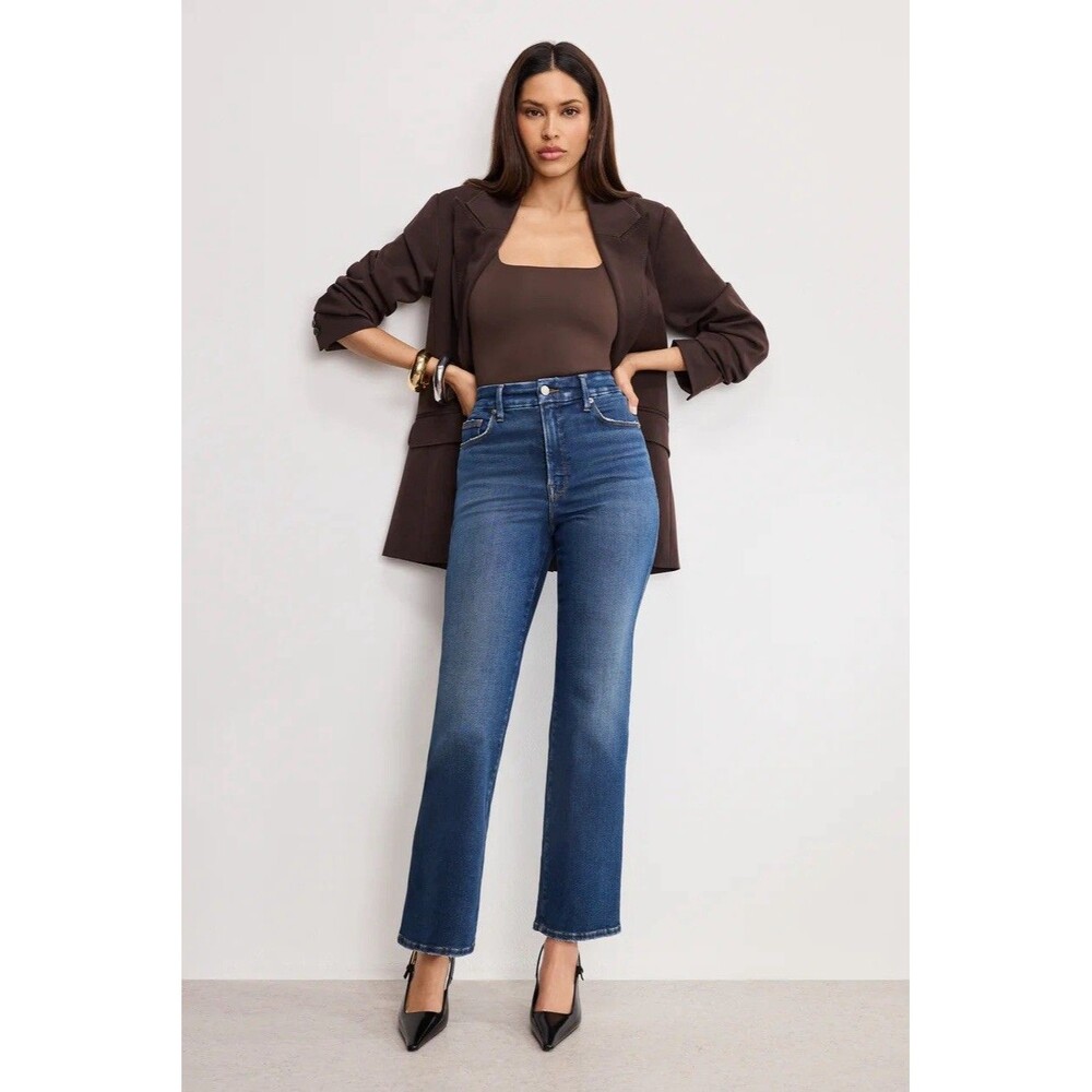 Good American Good Curve Blue Straight High Rise Medium Wash Stretch Jeans